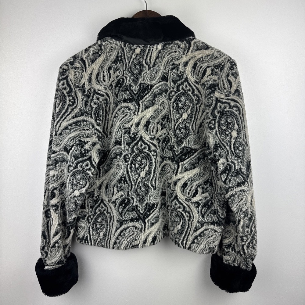 Vintage Duffel Outdoor Jacket Womens Small Black White Paisley Faux Fur Fleece - Picture 4 of 10